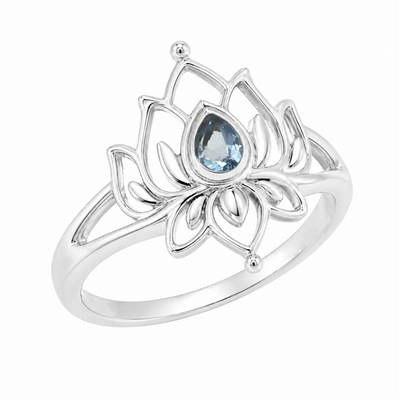 Earth Gems Jewelry Blue Topaz Lotus Ring for Women, 925 Sterling Silver Floral Statement Ring