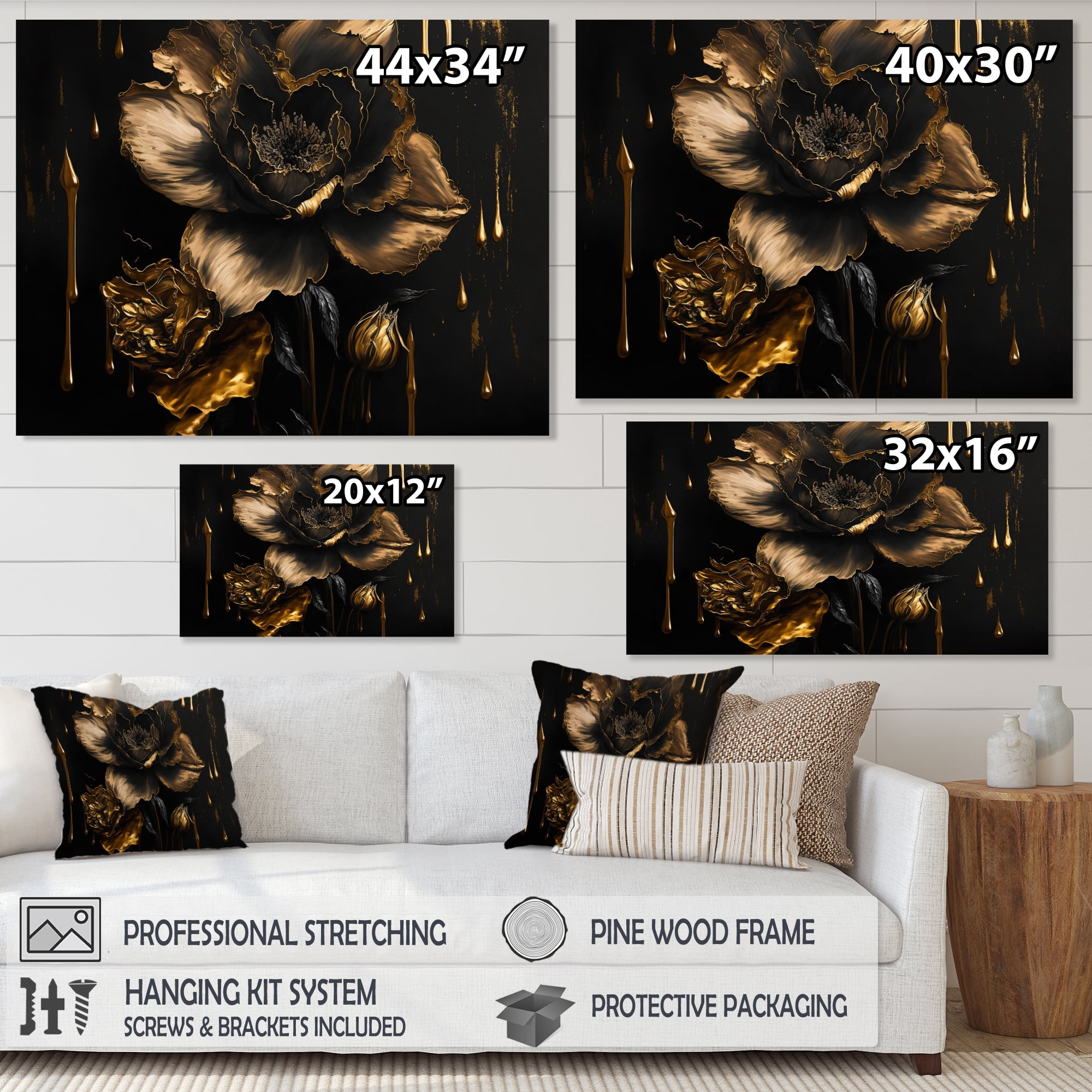 Designart Black And Gold Daffodil Design II Canvas Wall Art