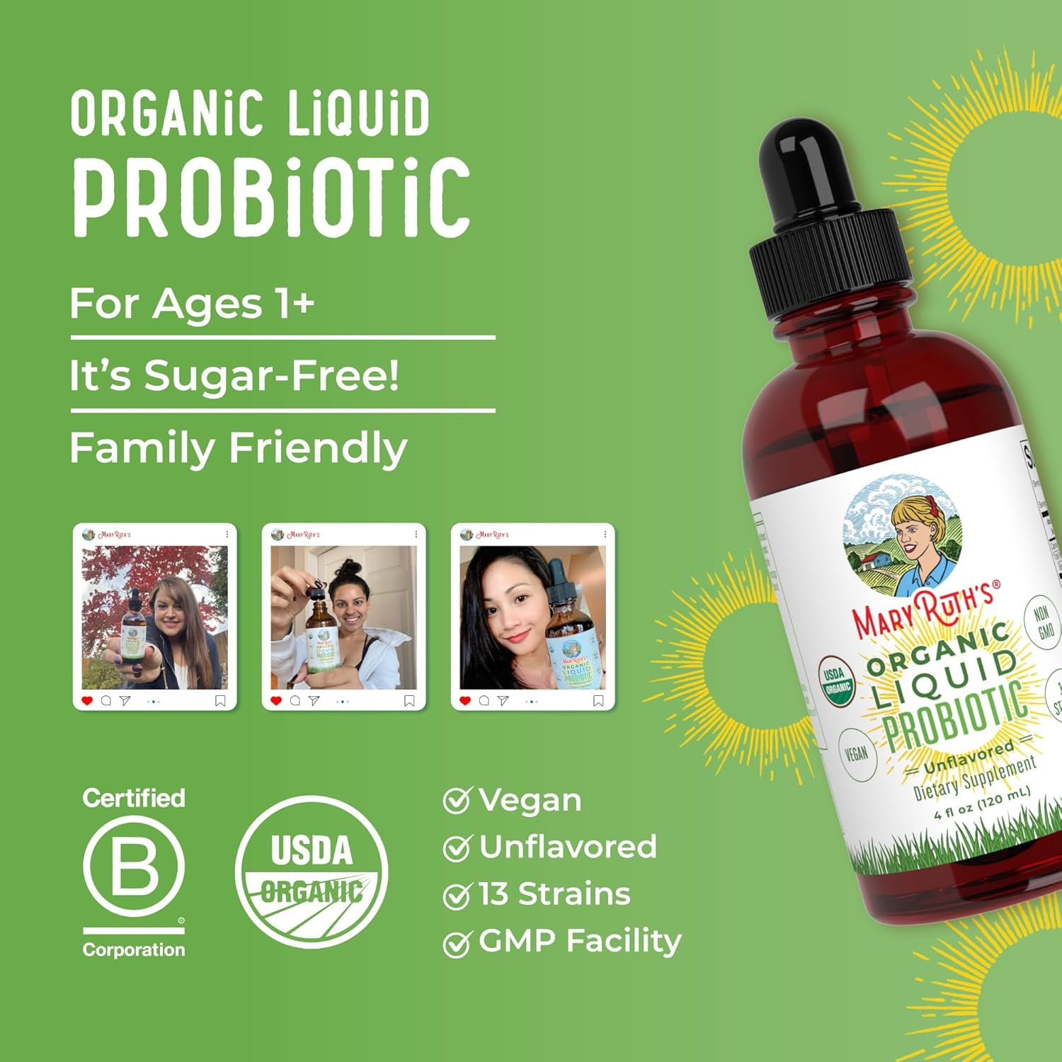 MaryRuth's Liquid Probiotic Drops USDA Organic Vegan Non-GMO for Adults & Kids Digestive Health 1 Count 4 fl oz