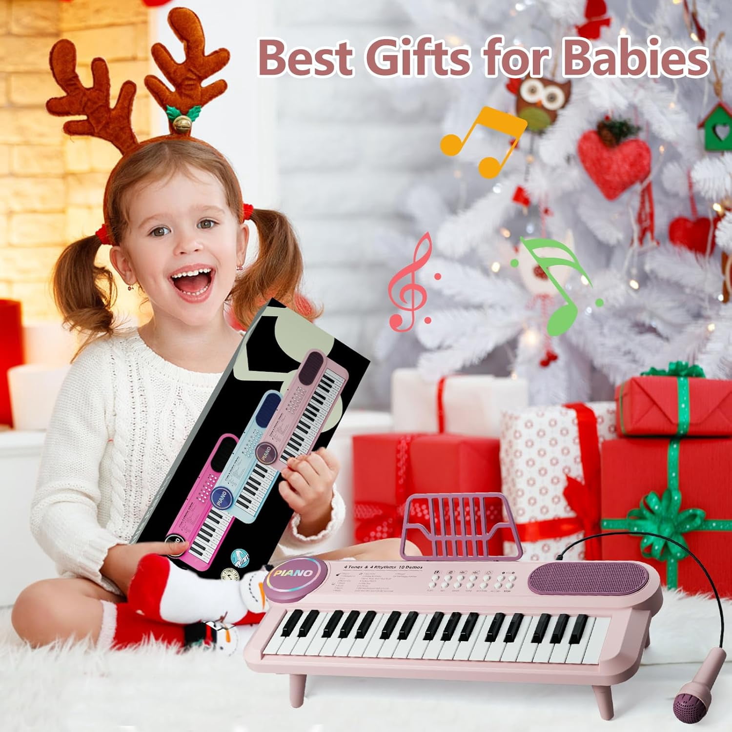 Digital Music Piano Keyboard for Kids, 37 Keys Portable Electronic Musical Instrument, Multi-function Keyboard with Microphone for Kids Boys Girls Birthday Gifts, Pink