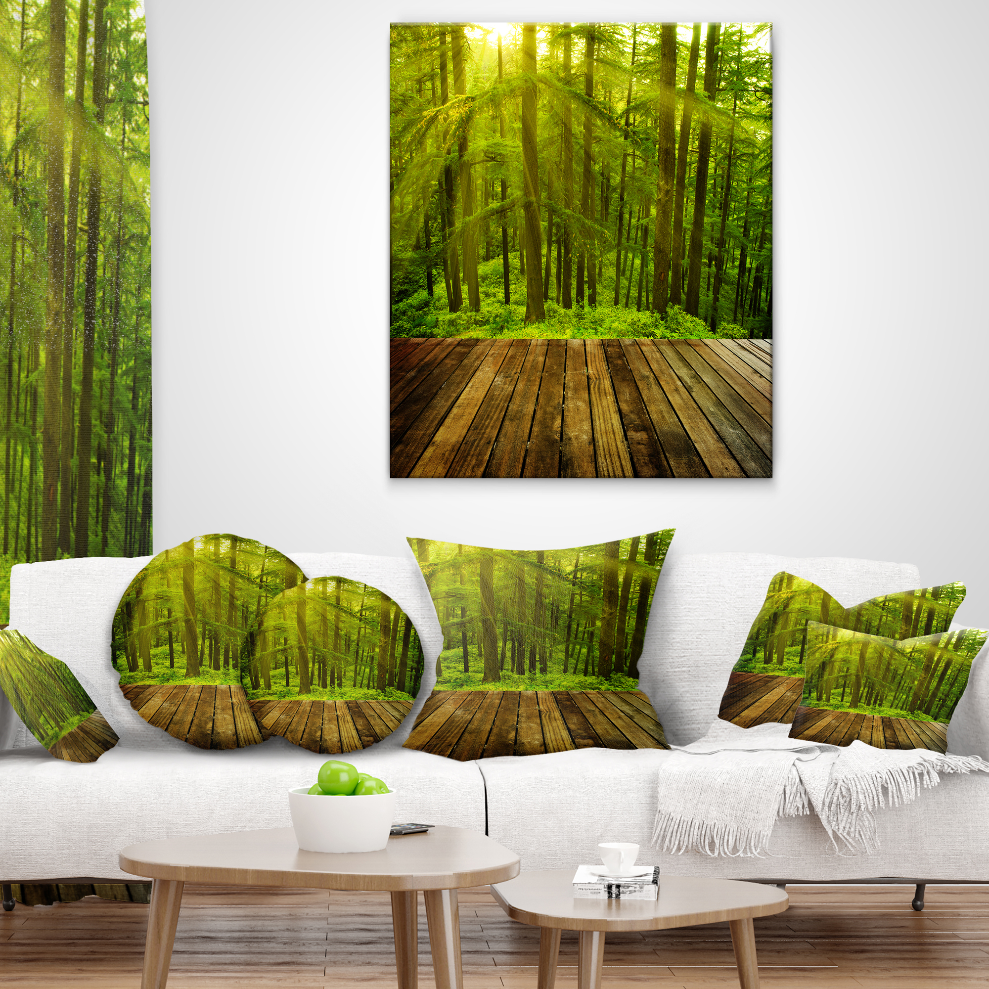 Designart Golden Sunlight in Pine Forest - Landscape Photography Throw Pillow - 16x16