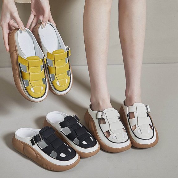 Muffin Thick Bottom Middle Heel Half Slippers Summer Outdoor Casual Fashion Women's One Stirrup Poop Shoes Comfortable Soft Bottom Poop Shoes Sandals