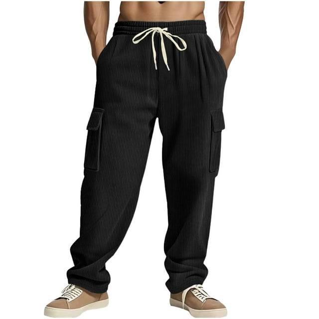 Dagugfen Cargo Pants for Men Elastic Waist Drawstring Loose Solid Color Outdoor Hiking Pants Pockets