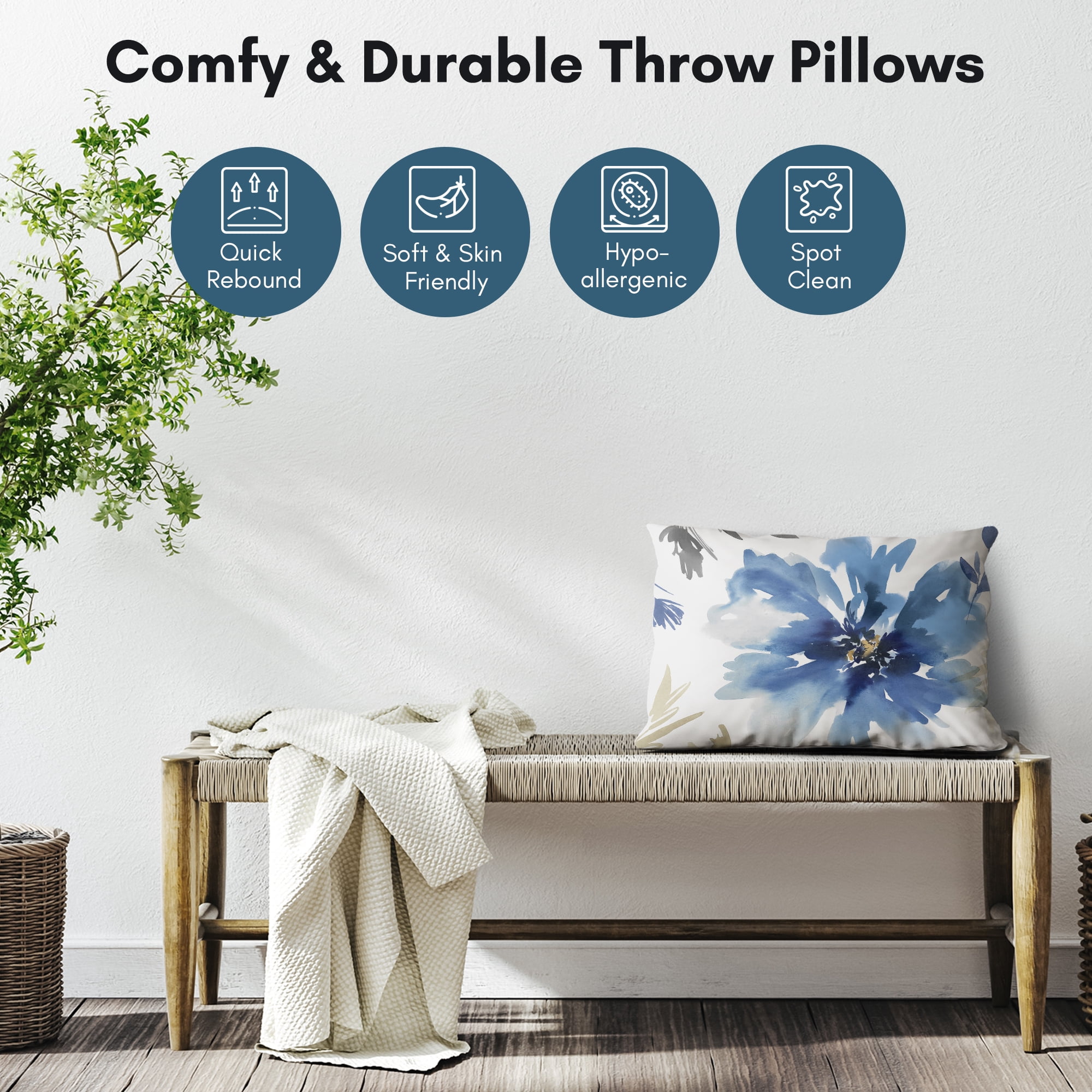 Americanflat 20"x14" Floral Rectangular Throw Pillow with Premium Polyester - White and Indigo