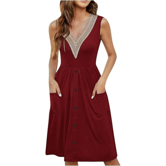 Women's Summer Casual Dress Elegant Lace V Neck Sleeveless Waisted Swing Midi Dress with Pockets Flowy Comfortable Stylish Outfit