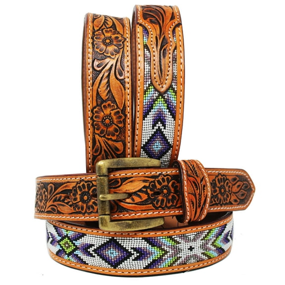 43-44 Unisex 1.5" Western Floral Tooled Beaded Full-Grain Leather Belt 26RT32