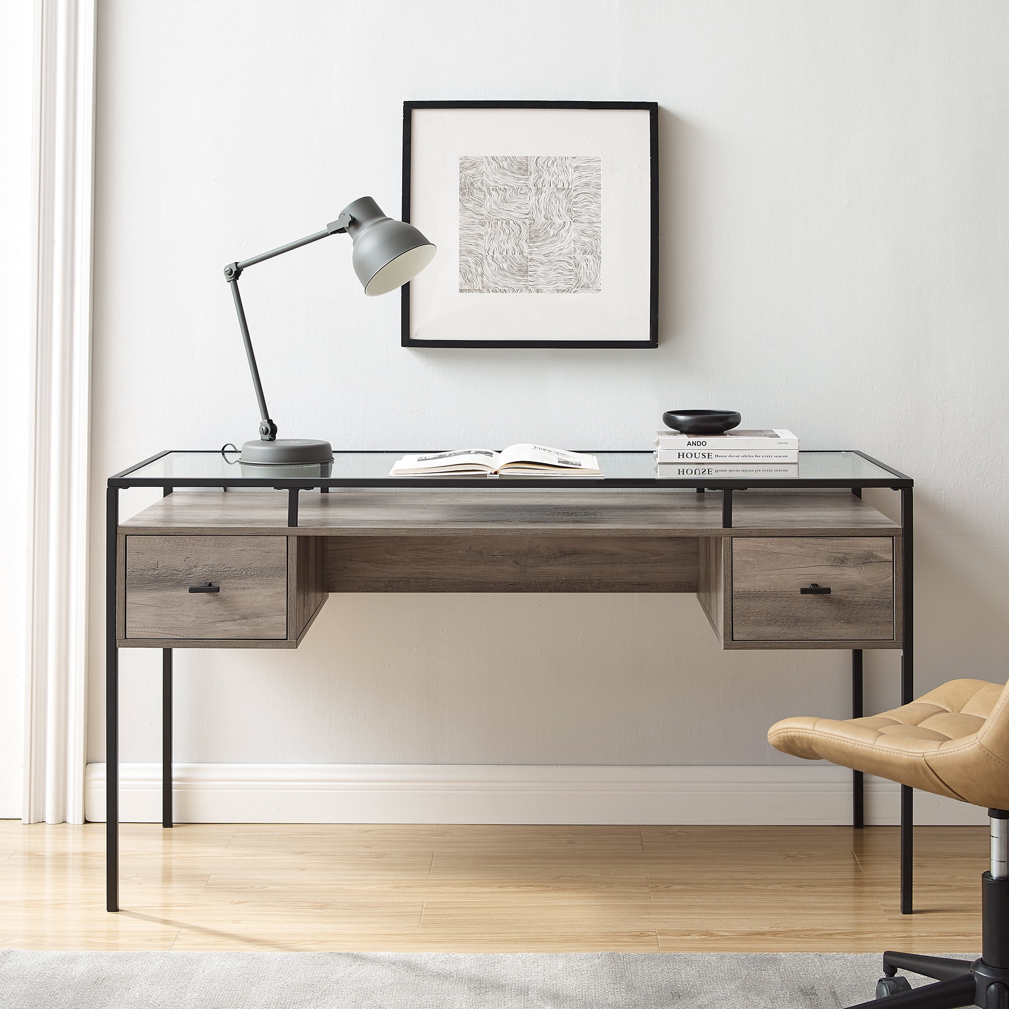 Walker Edison Carlisle Grey Wash 2-Drawer Glass Top Writing Desk