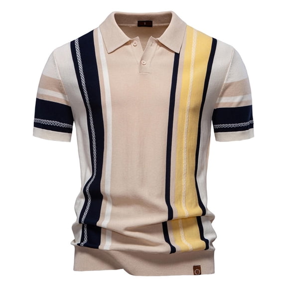 VgaVtl Men Polo Shirt Knit Short Sleeve Summer Mens Collared Shirt Office Striped Beige Casual Button Regular Shirts