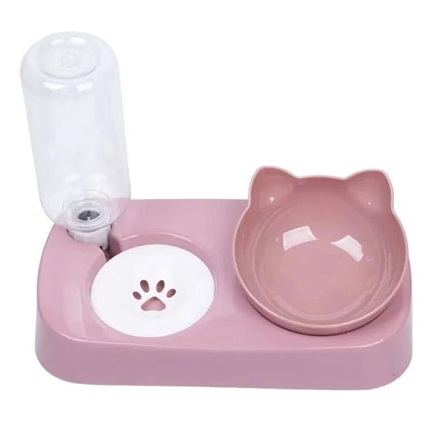 Cuenco doble para mascotas que evita la caída, protección del cuello, bebedero automático, juego de cuencos de agua y comida para perros y gatos, grande, rosa