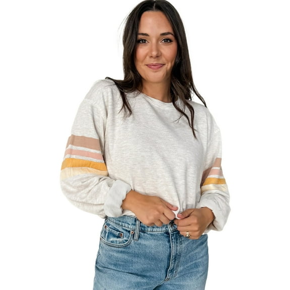 Women's Light Grey Multicolored Striped Patchwork Drop Shoulder Sweatshirt - Casual Round Neck | [ZhiHiMeRi] | L
