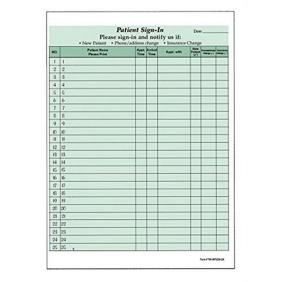 Patient Sign-in Sheets, 8-1/2" X 11" (GREEN) Carbonless Form (Lot of 625 Sheets) HIPAA Compliant