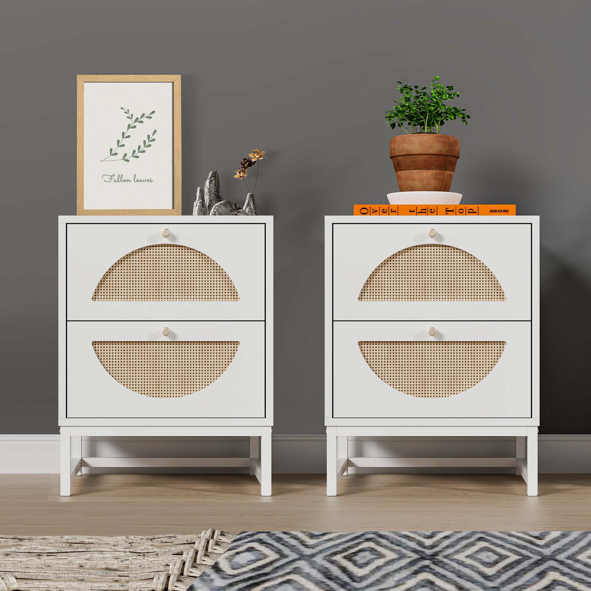 Aukfa Rattan Nightstand Set of 2,Side Table with Storage Drawer White