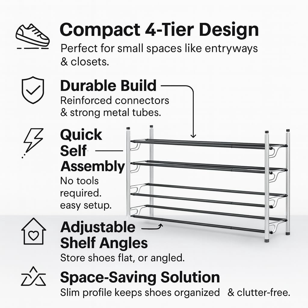 USTECH 4-Tier Shoe Rack – Free Standing Large Capacity Shoe Organizer with Self-Assembly Design, Easy to Assemble Space-Saving Metal Shoe Storage Shelf for Closet, Bedroom & Entryway