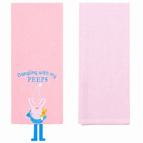 Embroidered Kitchen Towels Gnomes and Bunnies Set of 2