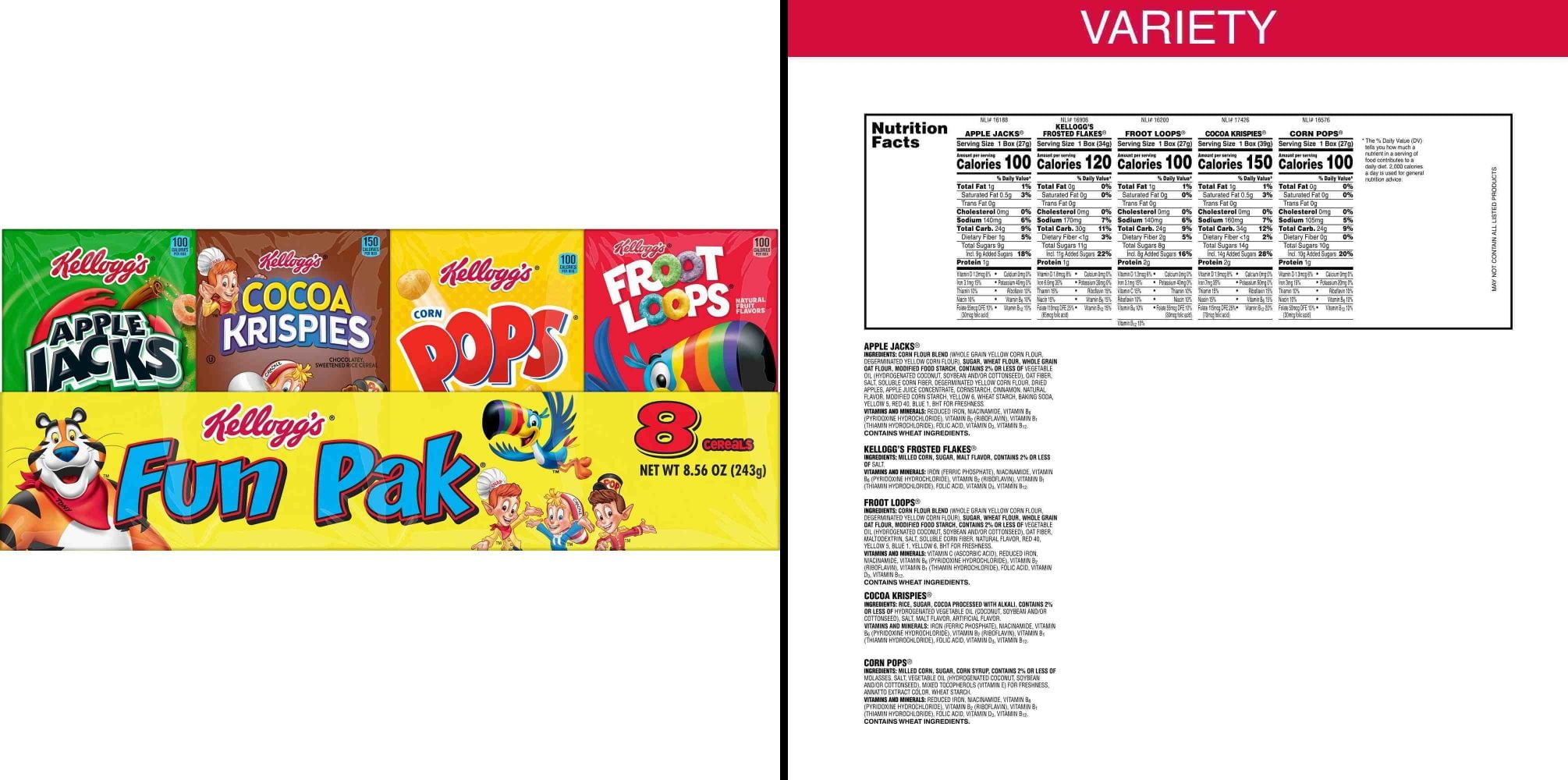 Kellogg's Fun Pak Variety Pack 8 Ct & Kellogg's Complete Bran Cereal 11.6 oz