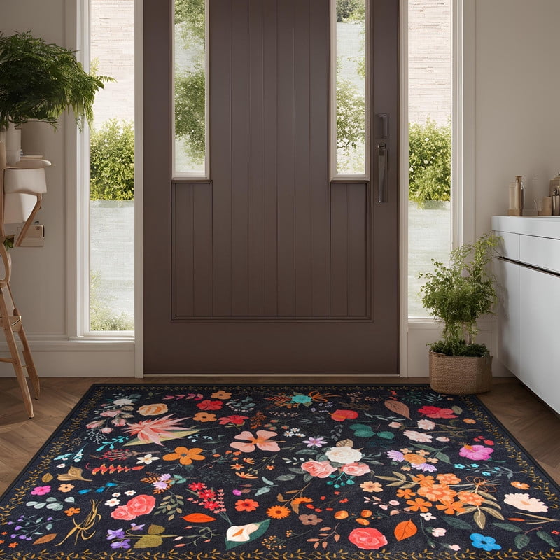 GUUCHA 5'x7'Area Rugs for Living Room Floral Print Rug Floor Carpet for Bedroom,Black