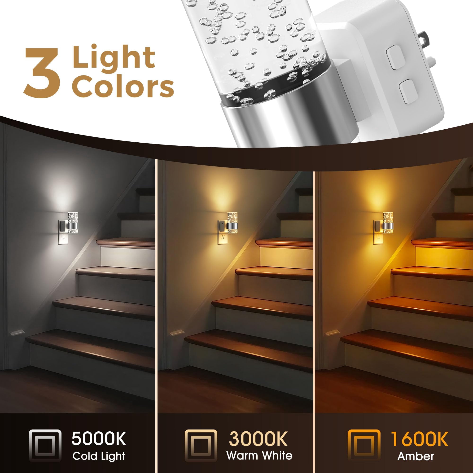 Night Lights Plug Into Wall  Dimmable Light With Dusk-to-dawn Sensor Soft White/cool White/amber 3 Color Adjustable Brightness Rotatable Bubble Nightlight For Hallway