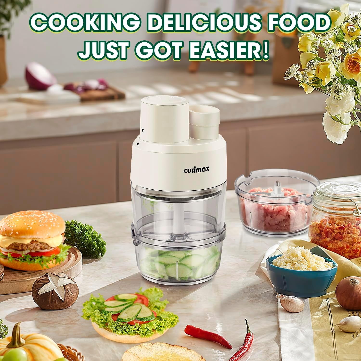 CUSIMAX 2-Speed Electric Food Processor, Electric Vegetable Spiralizer for 3-in-1,White,