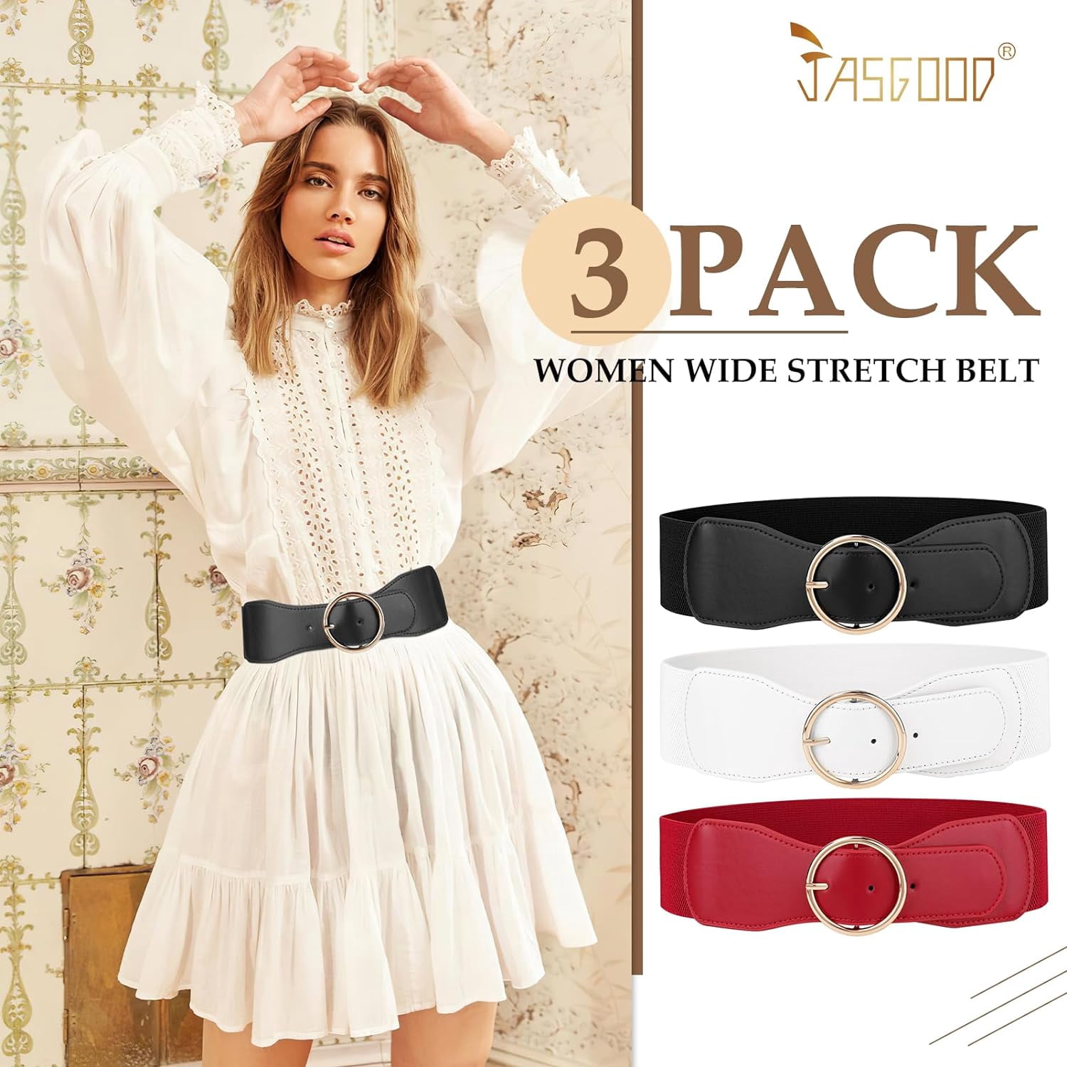 7458 3 Pack Women Wide Elastic Waist Belt For Dress Ladies Stretch WERFORU 2 Pack Women Elastic Stretchy Wide Belt for Dress  main image 2