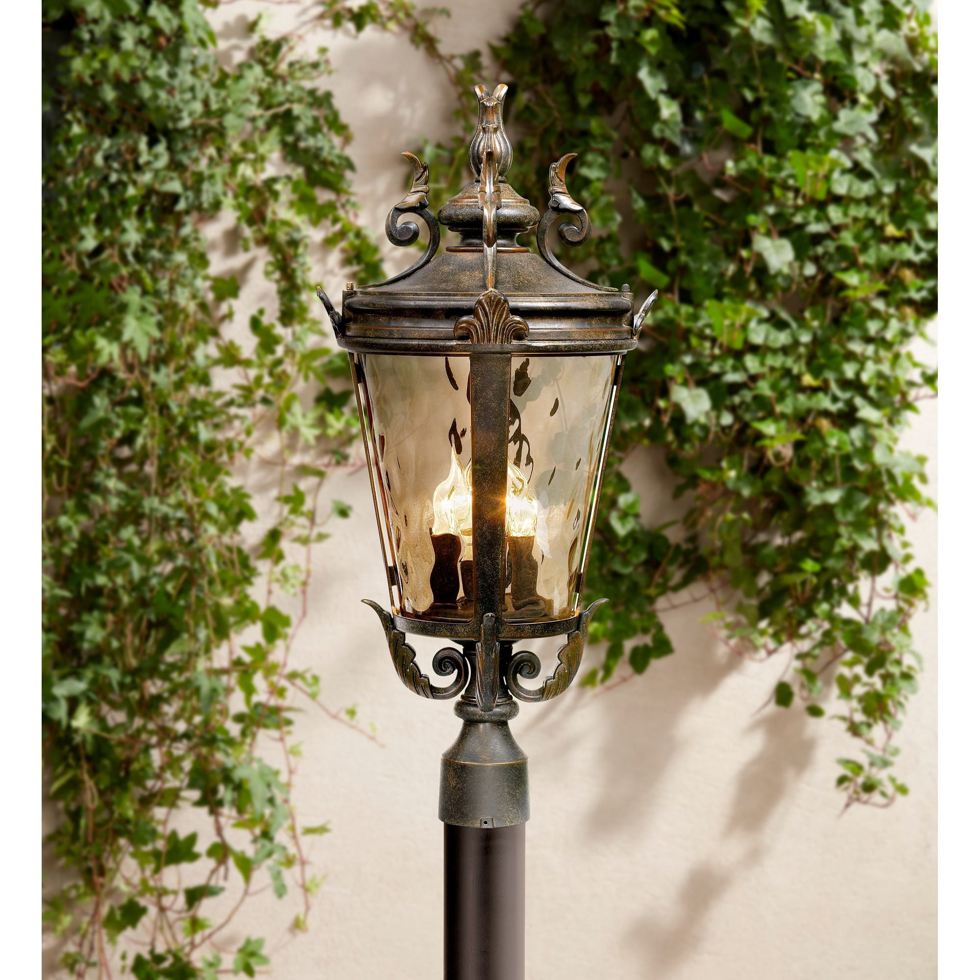 John Timberland Casa Marseille Vintage Rustic Outdoor Post Light with Flat Base Pole Bronze 99 3/4" Champagne Hammered Glass for Exterior Barn Deck