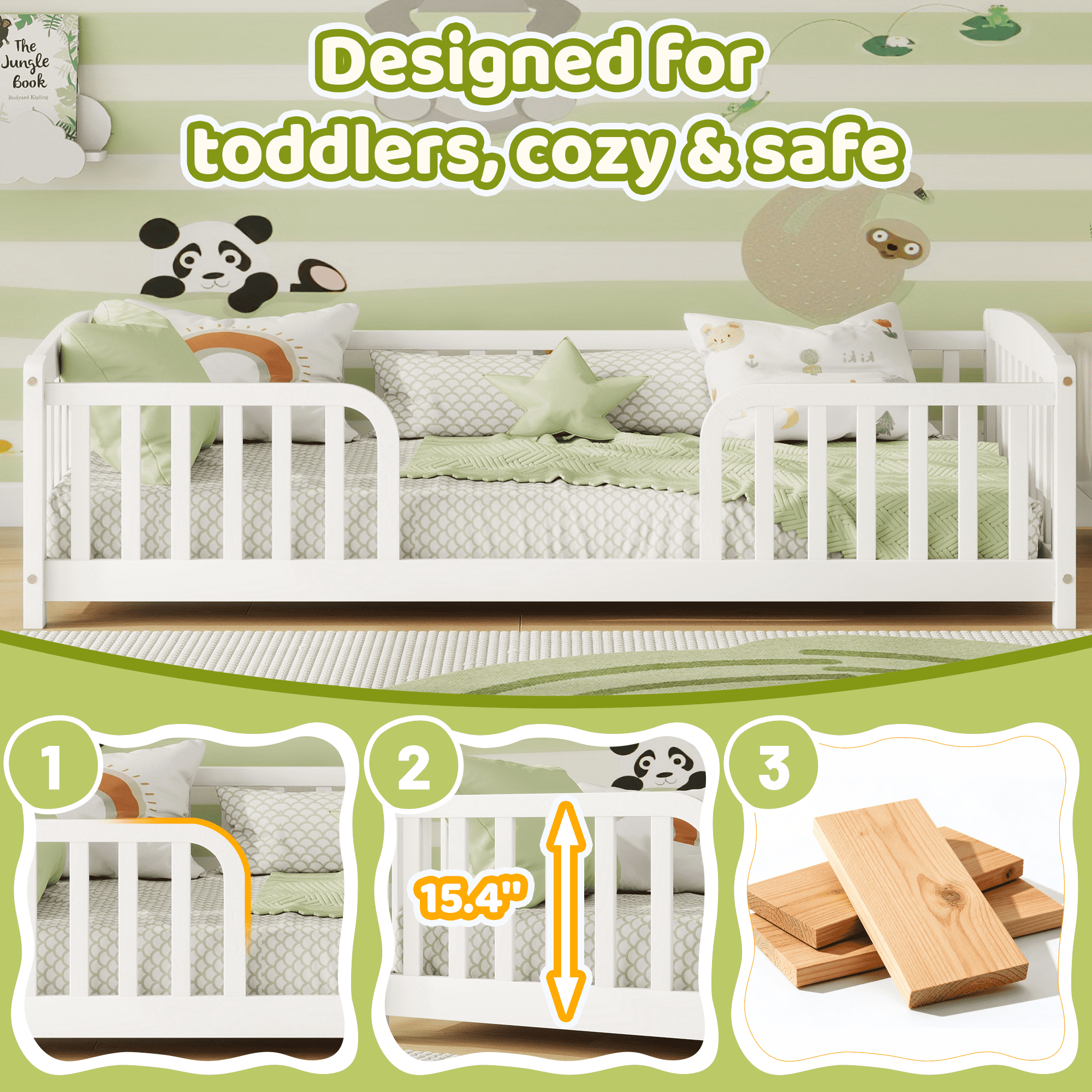 Alvantor Twin Size Floor Bed with Entrance and Guardrails – Low Montessori Wood Bed Frame for Toddlers, White