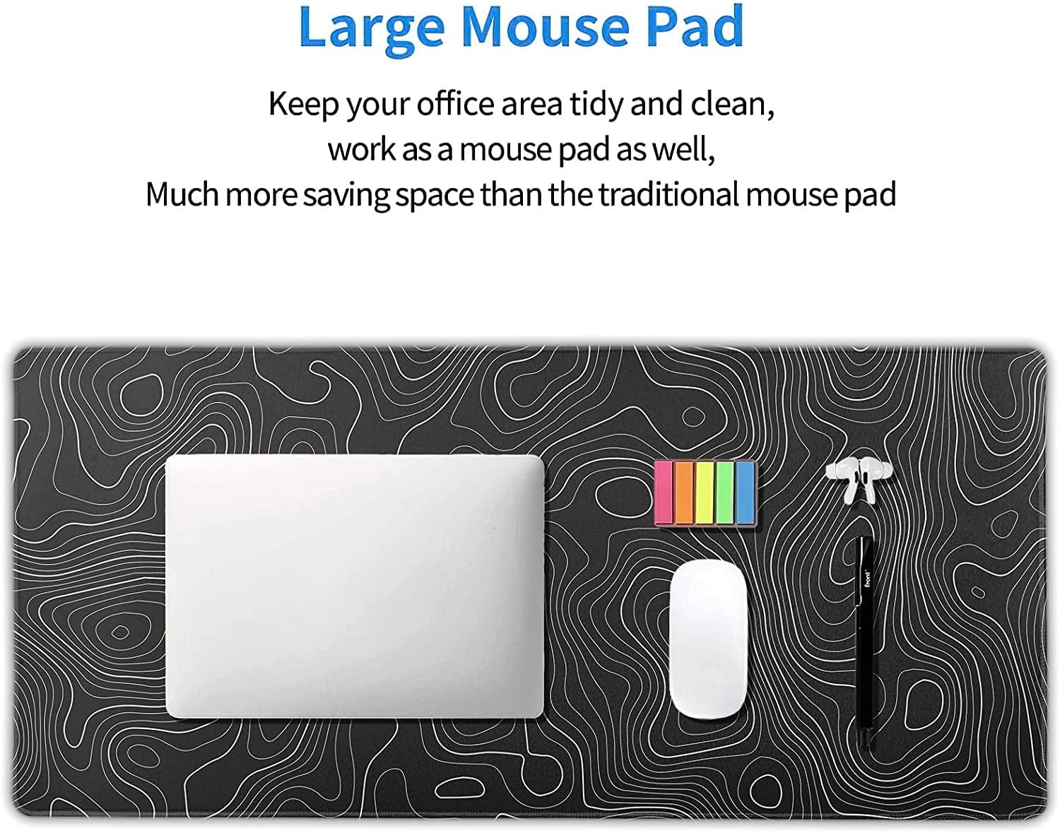 Topographic Map Large Mouse Pad XXL Black Lines Contour Geographic Extended Large Desk Mat Big Desk Pad 90X40 CM Non-Slip Rubber Base Stitched Edge Long Mousepad,35.4 x 15.7 Inch