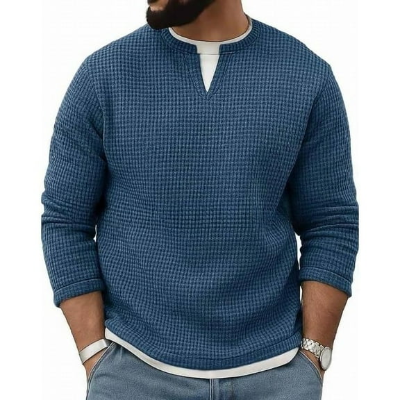 GuangCheng Mens Waffle Knit Thermal Tops,Long Sleeve,Casual,Classic Fit,Warm,Soft,Daily Wear Henley Shirts,Dark Blue,Size M