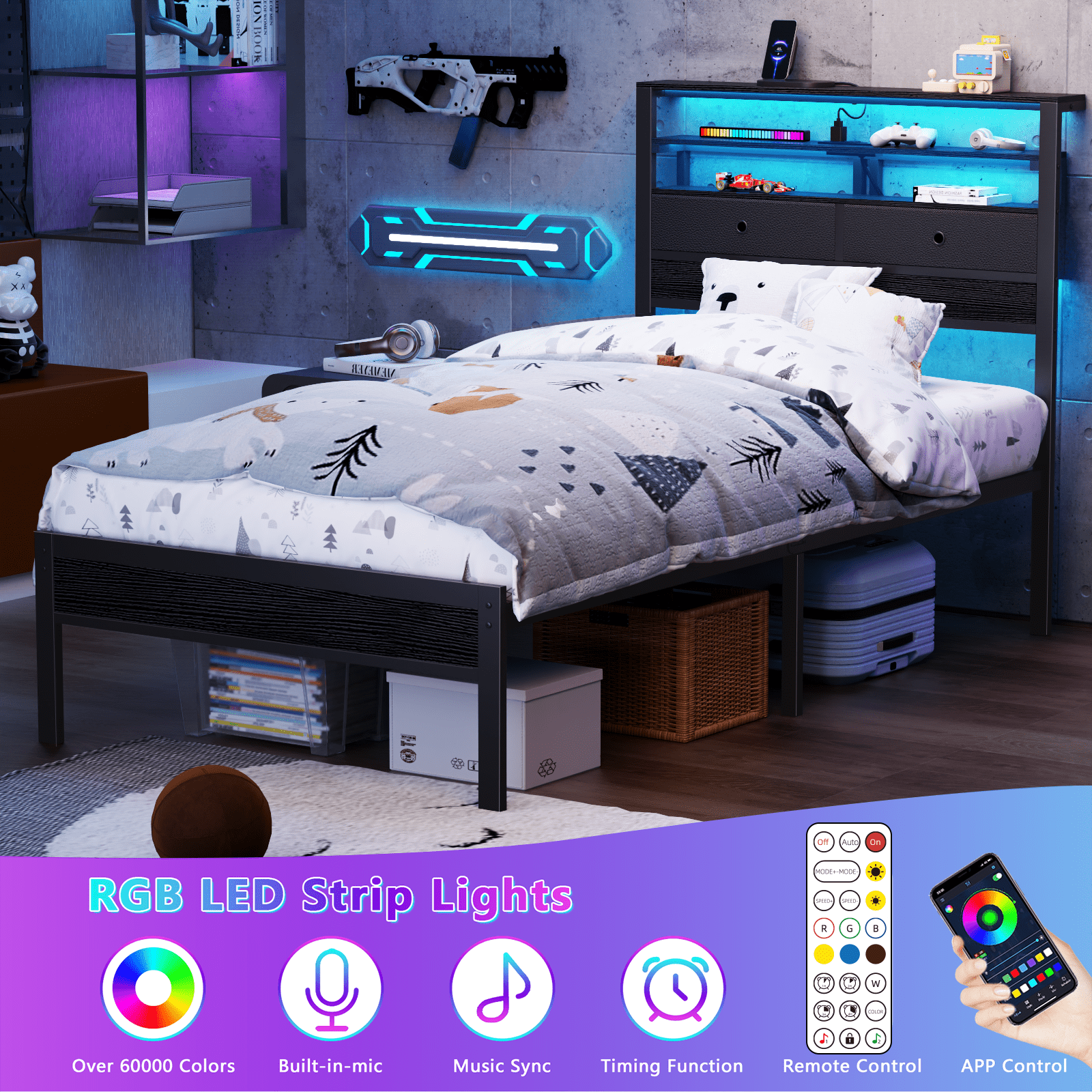 Satifur Twin Size Bed Frame with 2 Storage Drawers Headboard, LED & Charging Station, Black Oak