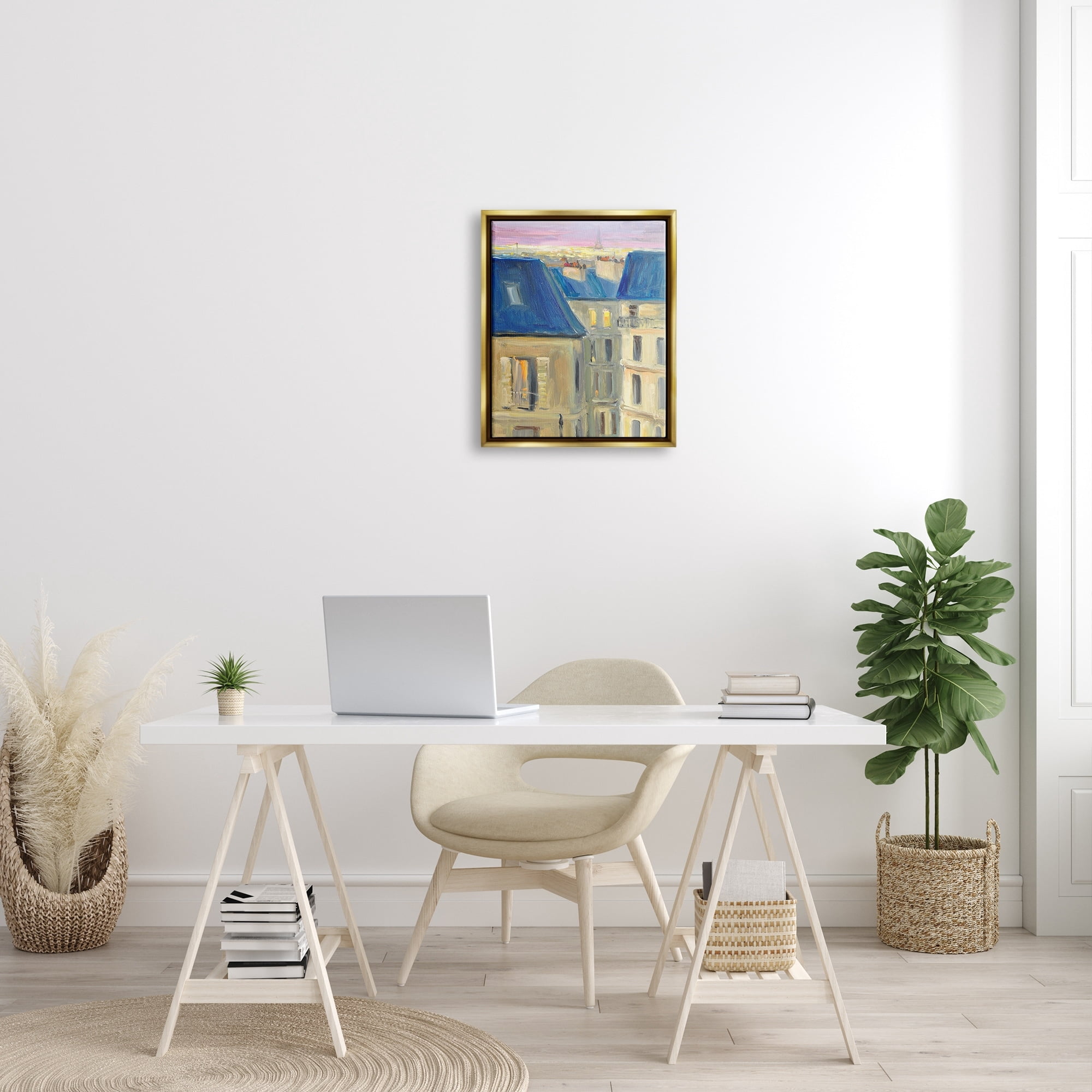 Stupell Industries Cozy Urban City Neighborhood Pink Sunset Sky Painting Metallic Gold Floating Framed Canvas Print Wall Art, Design by JG Studios
