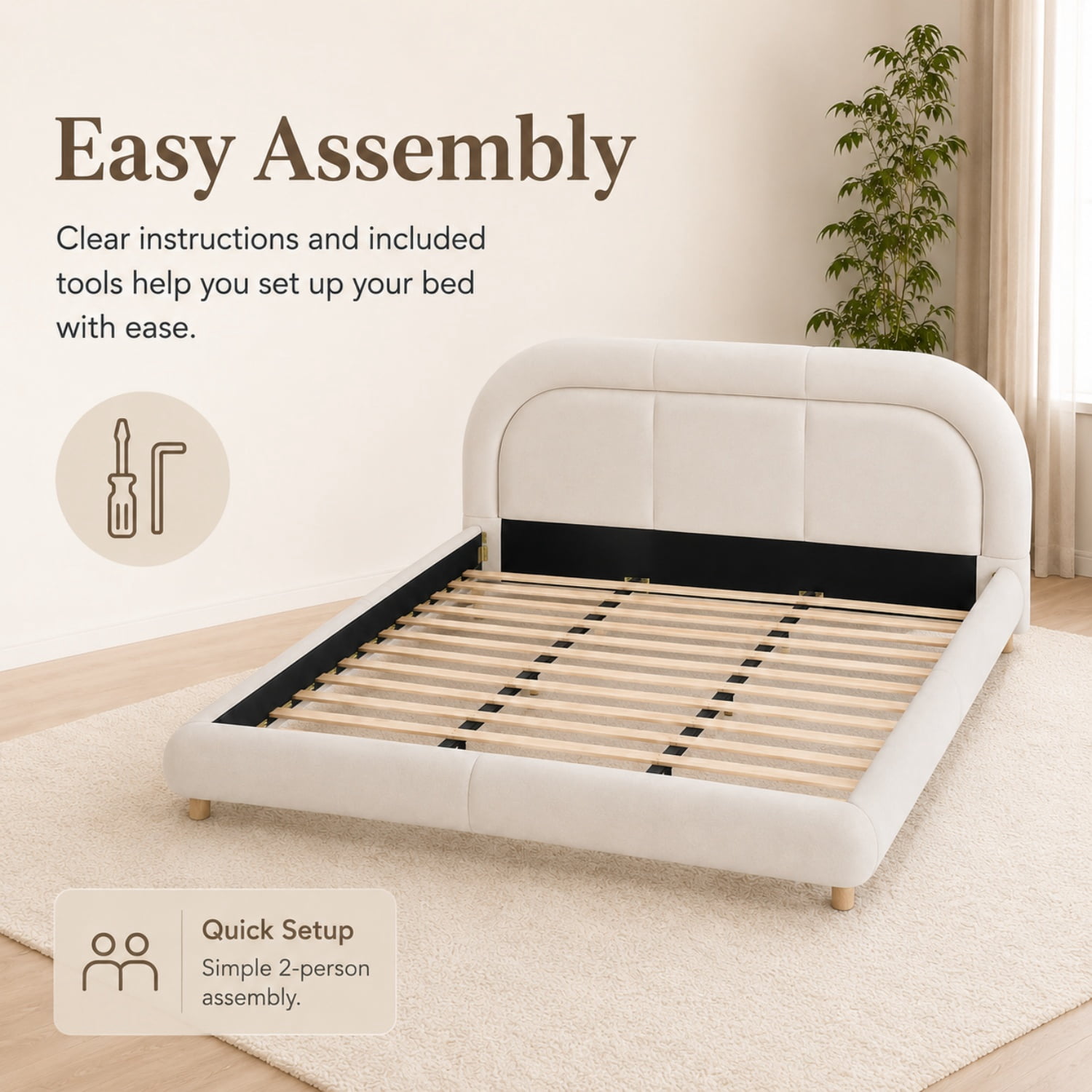 Miniyam King Size Velvet Upholstered Bed Frame with Curved Headboard, Platform Bed with Wood Slats, No Box Spring Needed, Beige