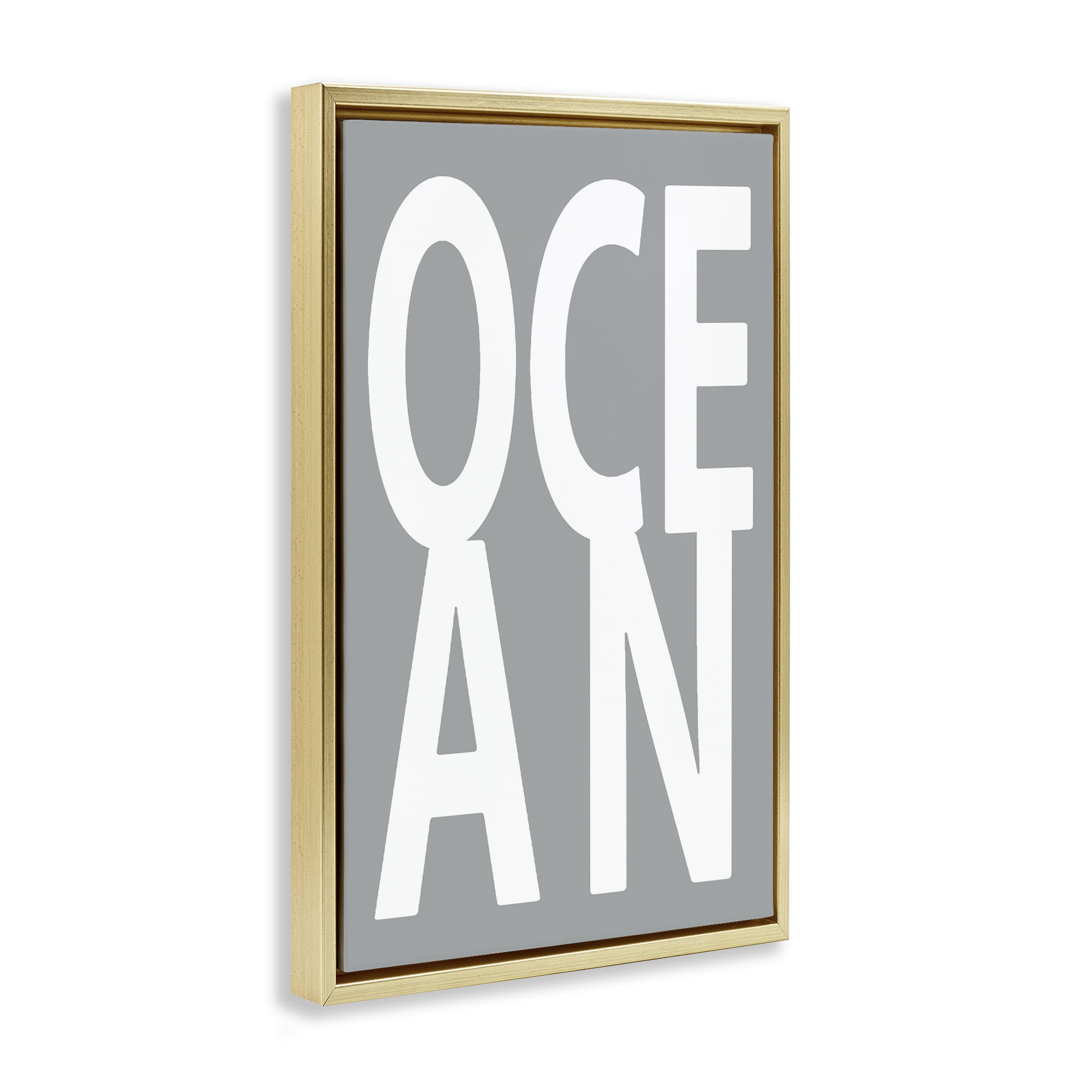 Stupell Industries Ocean Word on Grey Typography Painting Gold Floater Framed Art Print Wall Art, 17 x 25