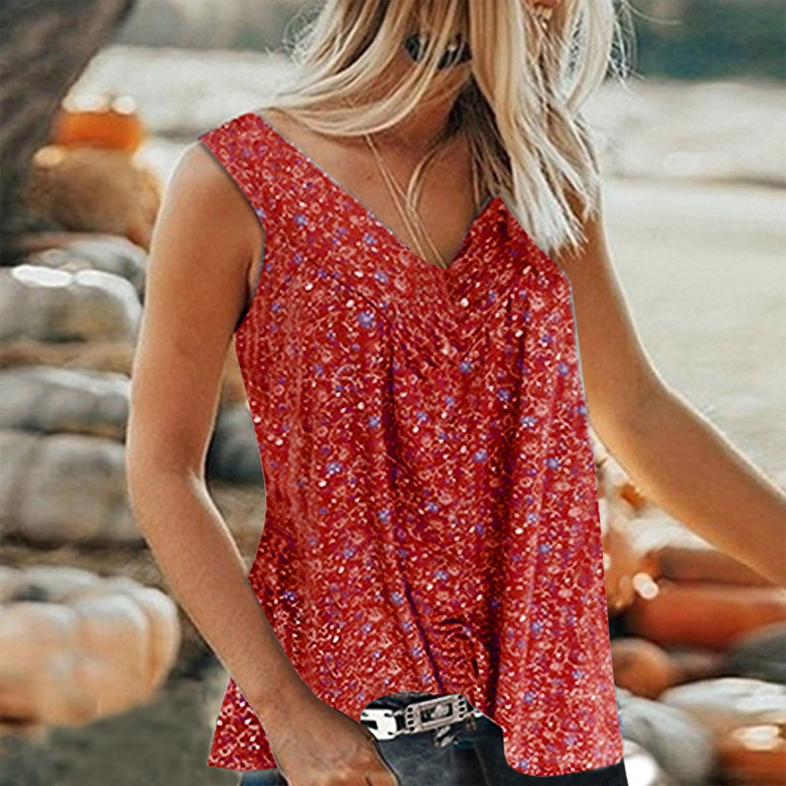 red flowy top