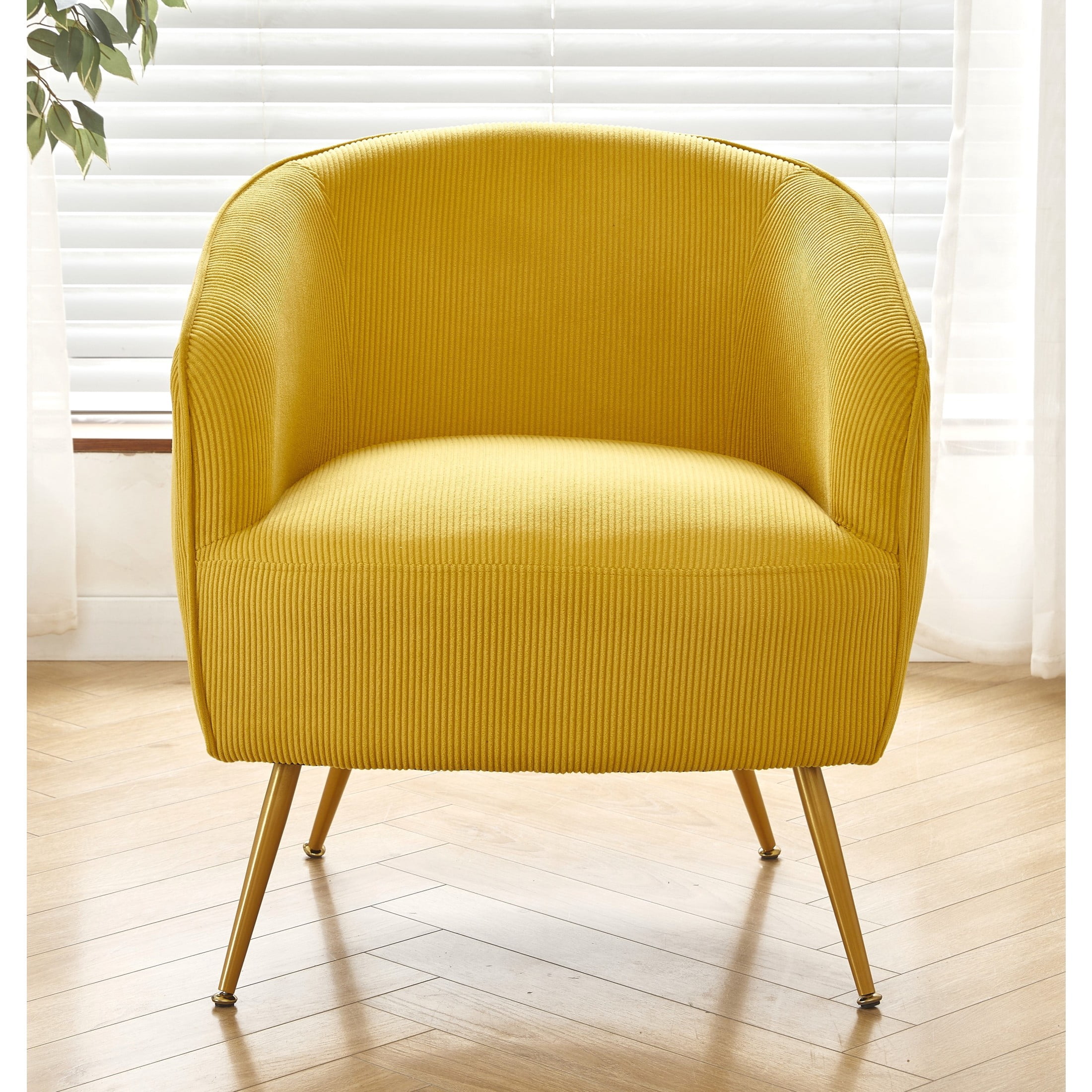 GDF Studio Modern Barrel Accent Chair with Corduroy Upholstery & Gold Metal Legs, Yellow