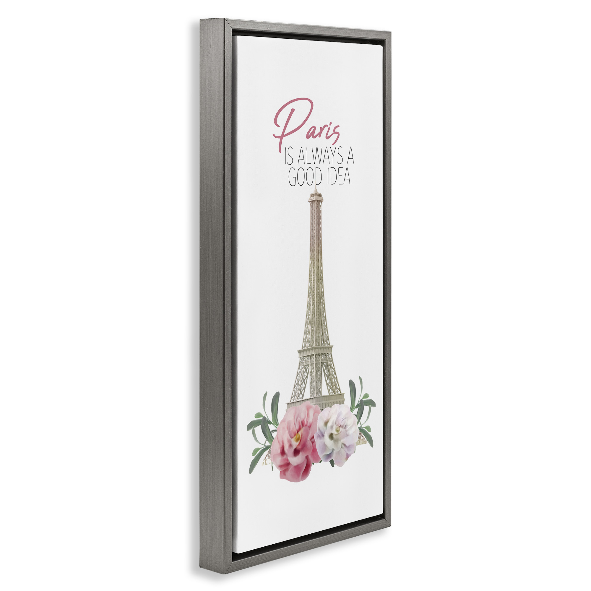 Stupell Industries Paris Good Idea Phrase Eiffel Tower Botanical & Floral Painting Gray Floater Framed Canvas Art Print Wall Art, 15 x 31