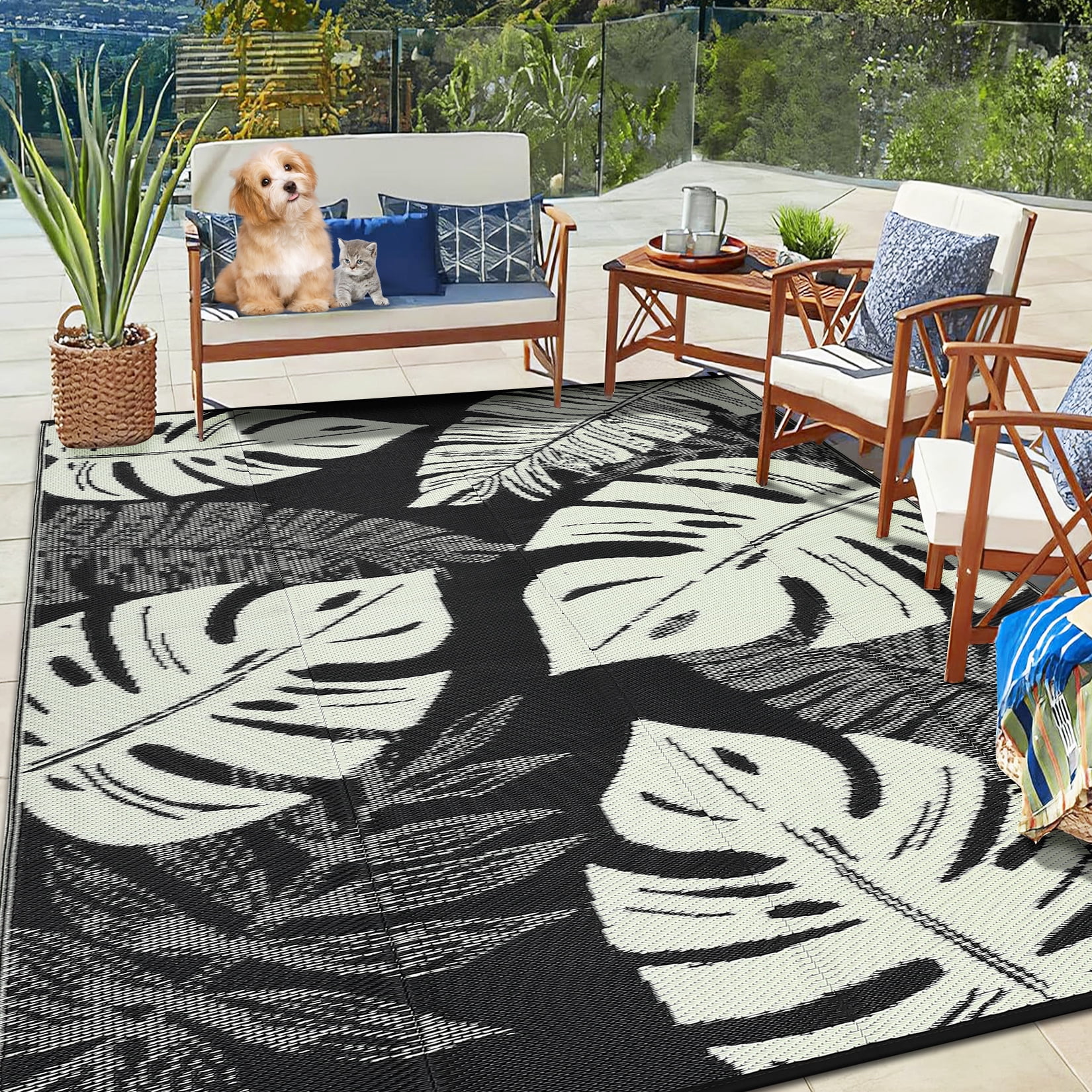 GlowSol 8'x10' Outdoor Rug Plastic Straw Weatherproof Reversible Rug Modern Leaves Patio Camping Rugs for Deck Porch Picnic Balcony, Black Beige
