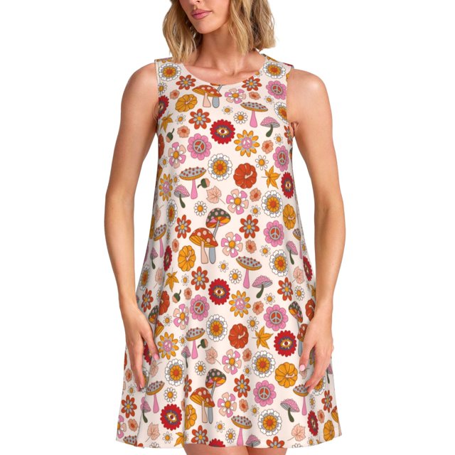 Balery Fall 70s Groovy Hippie Vestidos de verano para mujer con estampado: vestido holgado sin mangas, vestido playero informal y cómodo para días calurosos.