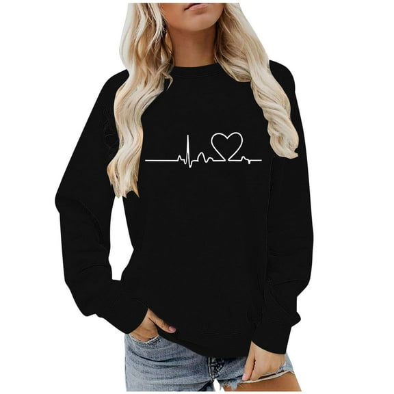 IROINNID Women Leaf Printed Round Neck Casual Sporty Long Sleeved Sweatshirt Top Soft Warm Winter Loose Fit Hoodie Everyday Wear Office Outing(Black,M)