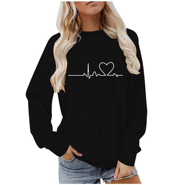 BLVB Chandail à Col Rond pour Femmes, Imprimé de Cœur, Manches Longues, Mignon, Coupe Ample, Léger, Hauts d'Automne, Cadeaux de la Saint-Valentin