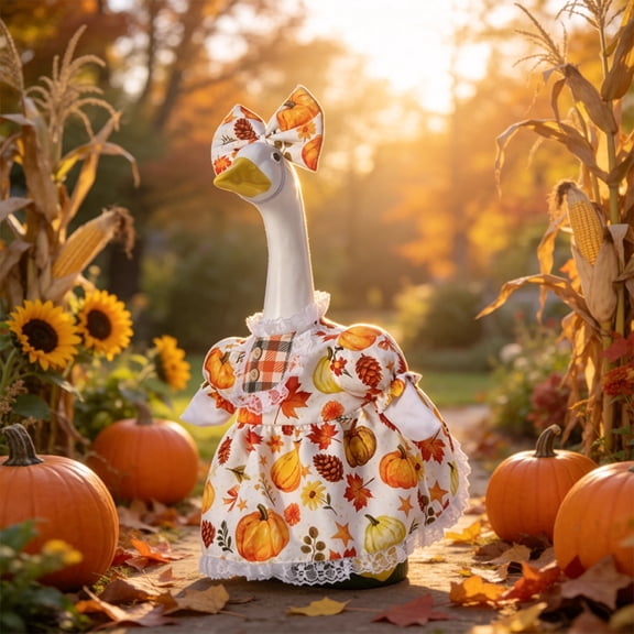 Qocolcyl Fall Harvest Yard Duck Outfits,Thanksgiving Pumpkin Maple Leaf Print Dress,Lace Trim Autumn Goose Clothes for Front Porch Garden Lawn Farmhouse Indoor Outdoor Holiday Decor