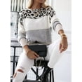 thumbnail image 4 of Suéter de Rayas con Estampado de Leopardo para Mujer, Cuello Redondo, Larga, Tejido, Bloque de Color Albaricoque XL, 4 of 6