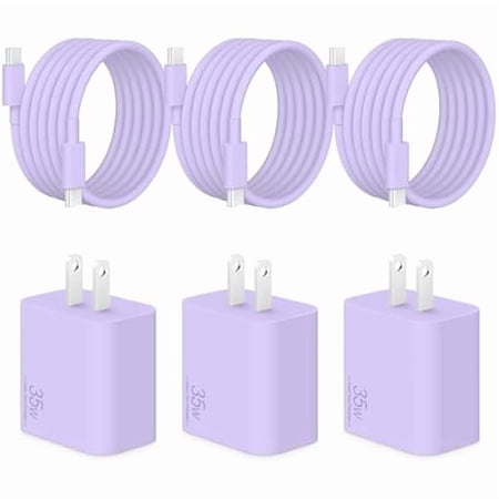 xzyuan 35W Type C Fast Charger Compatible with iPhone 17 16 15 Charger Fast Charging 3-Pack USB C Charger Block Type C Chargers 6 FT Type C to C Cable for IP 17 Pro Max/16/15 Series-Purple