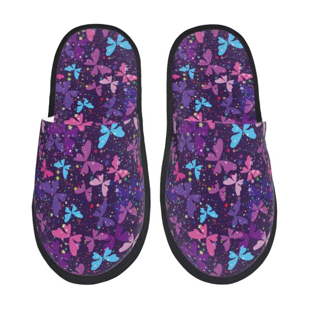 Balery Bright Purple Butterflies Pantuflas de Casa de Felpa Silenciosas con Diseño Estampado, Zapatillas Cómodas Antideslizantes de Algodón para Interior-Medium