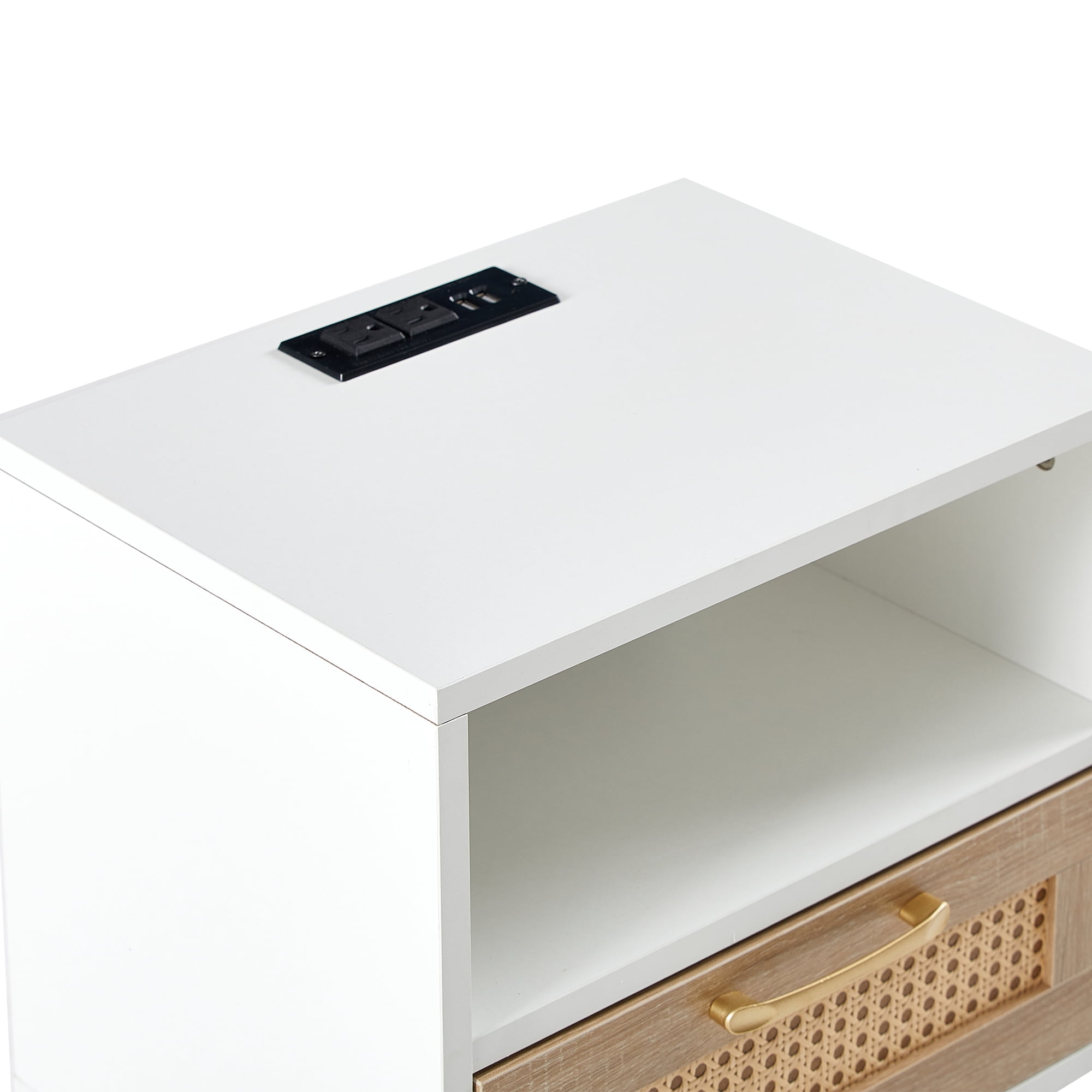 Aukfa Modern Nightstand Rattan End table with Power Outlet,USB Port for Living Room Bedroom,White