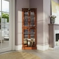 thumbnail image 2 of BELLEZE Lighted Accent Corner Display Curio Cabinet with Tempered Glass Doors and Shelves, Classic Wood Cabinet with Bulb, Corner Curio Storage Rack for Living Room, Bedroom and Kitchen - Woody (Oak), 2 of 7