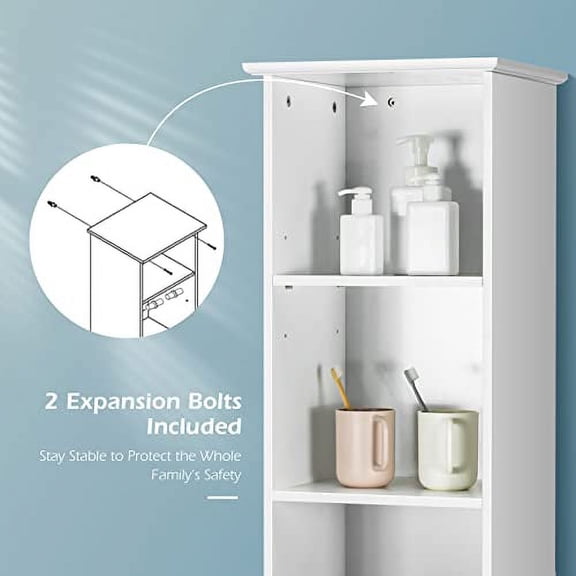 LOKO Bathroom Tall Cabinet, Modern Storage Cabinet with 2 Adjustable Shelves, Bathroom Linen Tower with 3 Open Shelves and 1 Drawer, 13.5 x 12 x 64.5, White