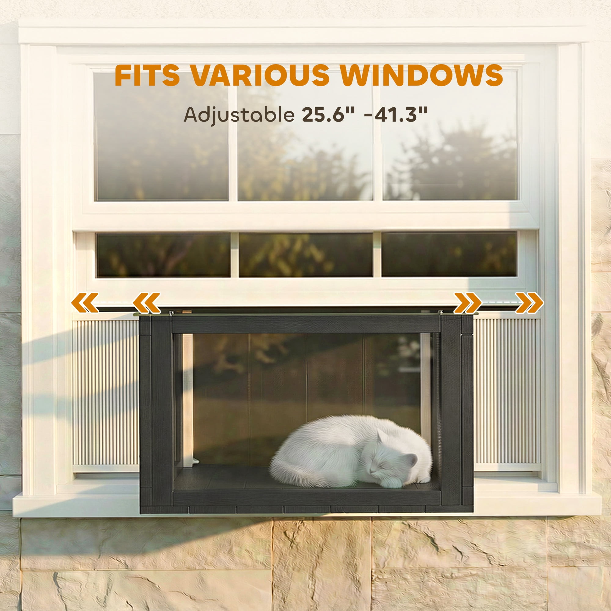 PawHut Catio Outdoor Cat Enclosure Suitable for Window 25"–41", Outdoor Cat House Clear Panel, for Sunbathing, Napping & Overlooking