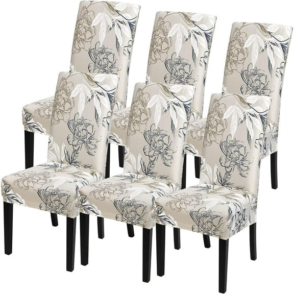 Chair Covers for Dining Room Set of 6, Stretch Dining Room Chair Covers, Spandex Kitchen Parsons Chair Slipcovers, Dining Chair Covers for Party Ceremony Hotel(Beige and Blue Flower)
