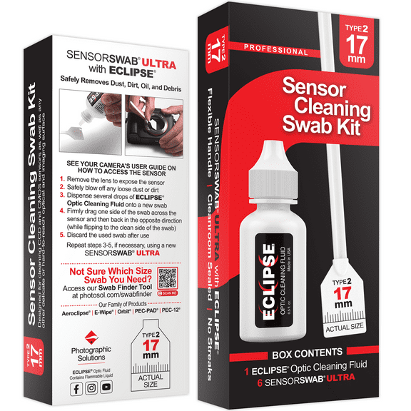 Sensor Cleaning Swab Kit - Eclipse Optic Cleaning Solution (0.5oz/15ml) Type-2 Sensor Swab Ultra 17mm (Pack of 6) - for APS-C CMOS and CCD Sensors - Dust & Oil Remover