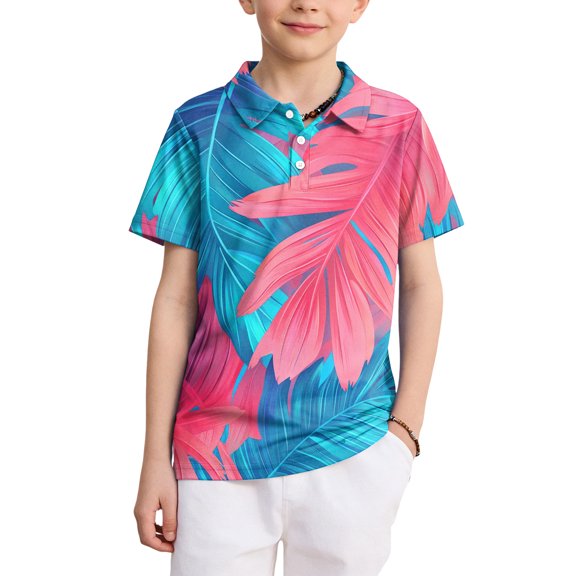 longantii Boys Tropical Leaf Print Polo Shirt Kids Short Sleeve School Uniform Shirt Hawaiian Style Casual Summer Golf Tops Deep Red 4-5 Years