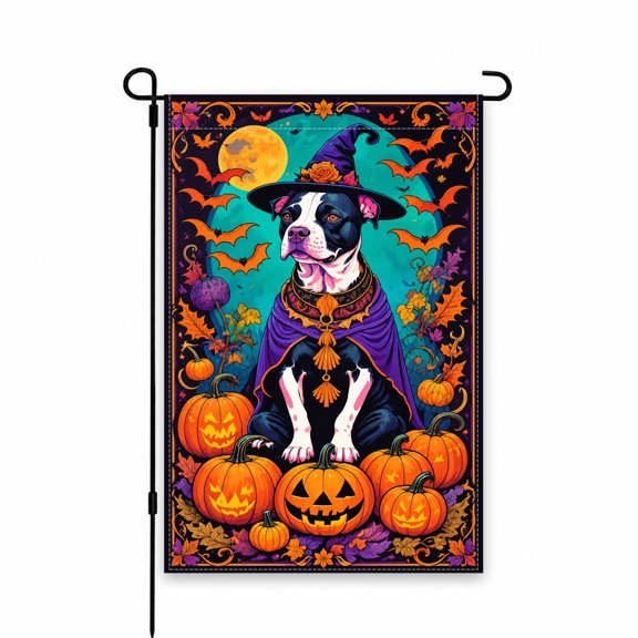 Halloween Dog Garden Flag with Witch Hat and Pumpkins, 12 x 18 Inch, Vibrant Seasonal Outdoor Decor for Yard, Lawn, Patio, Porch, or Walkway